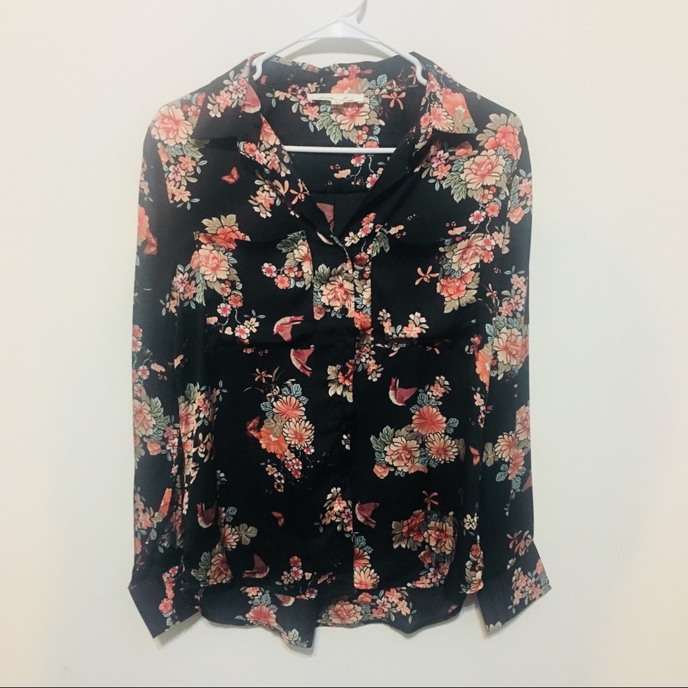 Silky Black Floral Button-Up Blouse, M